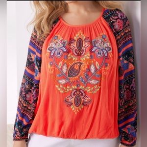 Soft surroundings women’s size 1X blouse top shirt  - embroidered hot coral top